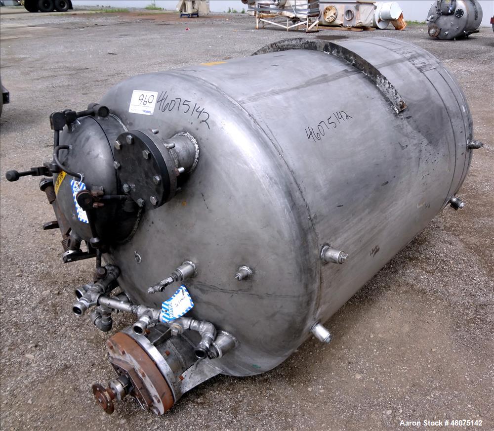 Used Tank, 500 Gallon, 304 Stainless Steel, Vertical. Approximate 48" diameter x 60" straight side, dished top & bottom. Off center top entering Lightnin agitator. Shaft and prop, driven by an approx...