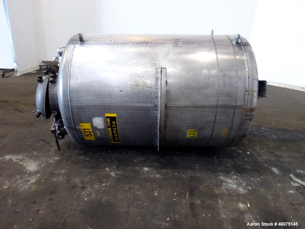 Used Tank, 500 Gallon, 304 Stainless Steel, Vertical. Approximate 48" diameter x 60" straight side, dished top and bottom. Off center top entering Lightnin agitator, model EKXJSS-117, serial# 97/0125...