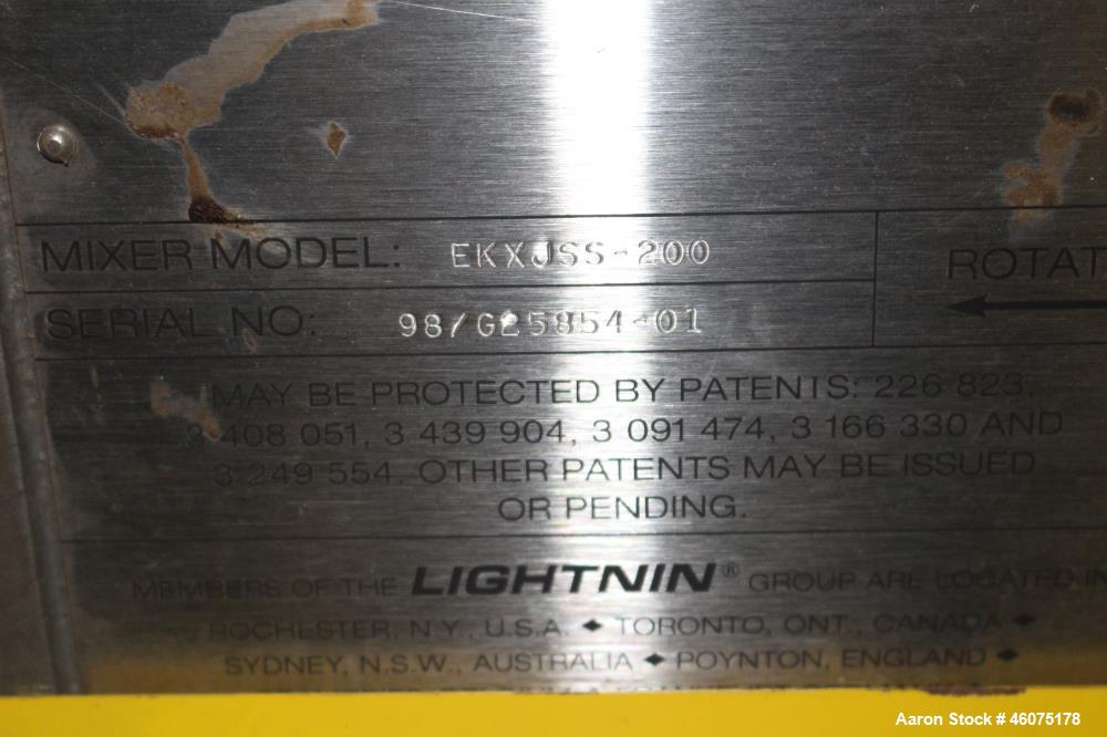 Used Tank, 500 Gallon, 304 Stainless Steel, Vertical. Approximate 48" diameter x 60" straight side, dished top & bottom. Off center top entering Lightnin agitator, model EKXJSS-200, serial# 98/G25854...
