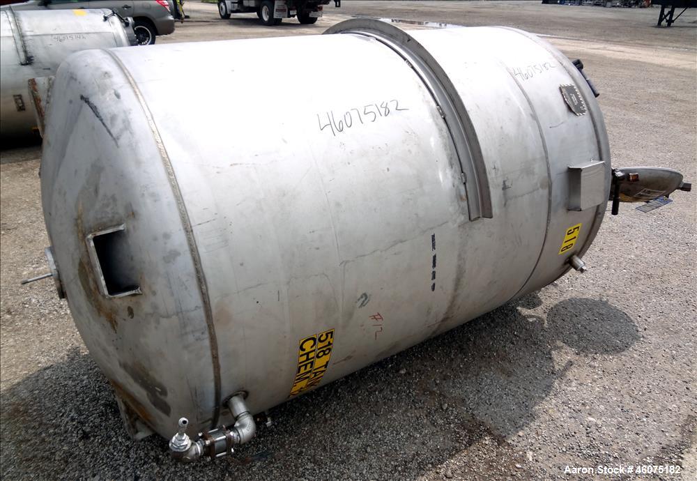 Used Tank, 500 Gallon, 304 Stainless Steel, Vertical. Approximate 48" diameter x 60" straight side, dished top & bottom. Top openings: 15" man way with cover, 8", 3", 3" sight glass, 3" center bottom...