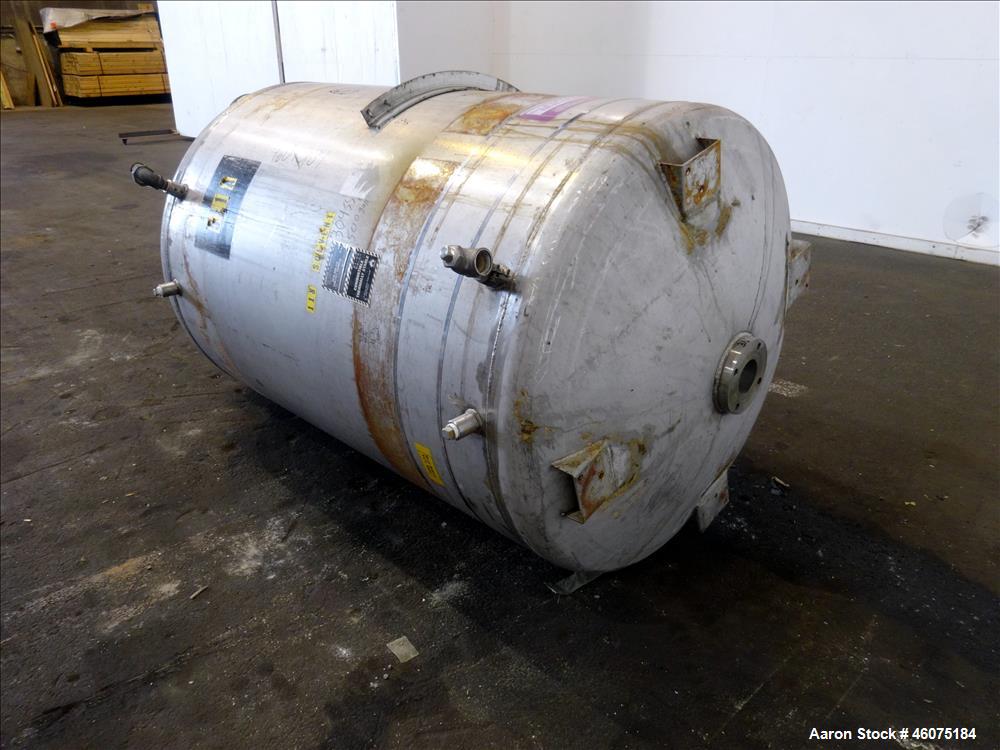 Used Tank, 500 Gallon, 304 Stainless Steel, Vertical. Approximate 48" diameter x 60" straight side, dished top and bottom. Openings Top: 18" man way with hinged cover, (1) 8", (1) 4-1/2", (3) 2". 3-1...