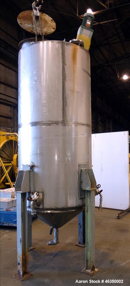 Used Tank, Approximately 750 Gallons, 304 Stainless Steel, Vertical. Approximately 48" diameter x 96" straight side. Dish top, jacketed 20" cone bottom, no rating. Top mounted off center Lightnin agi...