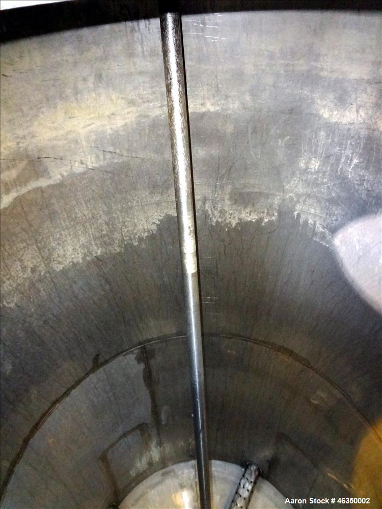 Used Tank, Approximately 750 Gallons, 304 Stainless Steel, Vertical. Approximately 48" diameter x 96" straight side. Dish top, jacketed 20" cone bottom, no rating. Top mounted off center Lightnin agi...