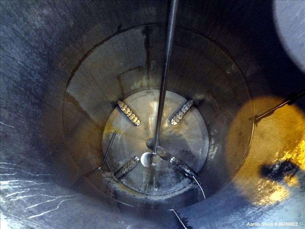Used Tank, Approximately 750 Gallons, 304 Stainless Steel, Vertical. Approximately 48" diameter x 96" straight side. Dish top, jacketed 20" cone bottom, no rating. Top mounted off center Lightnin agi...
