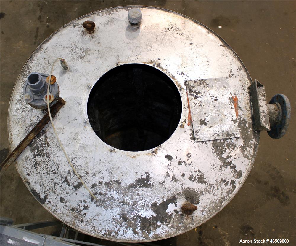Used Tank, Approximate 700 Gallon, 304 Stainless Steel, Vertical. 48" Diameter x 82" straight side. Flat welded top, cone bottom. Openings Top: (1) 18", (2) 2". Side (1) 4", (5) 1". 2" Center bottom ...