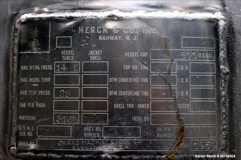 Used Merck & Co. Inc. Tank, Approximately 500 Gallon, 316L Stainless Steel, Ver
