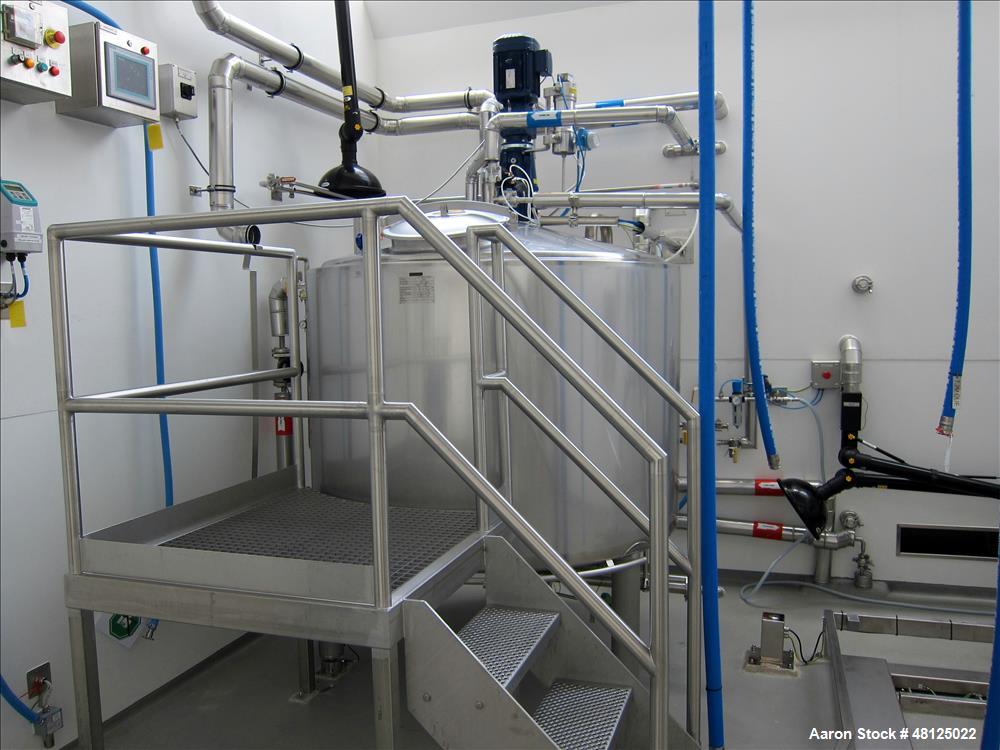 Used HM Rustfri Design jacketed tank,  Stainless steel, working capacity 568.78 gallon (2150 liter), Working jacket pressure 40.5 PSI (2.7 bar) at 32-194 deg. F (0-90 deg. C). Test Max 81-404 RPM Pro...