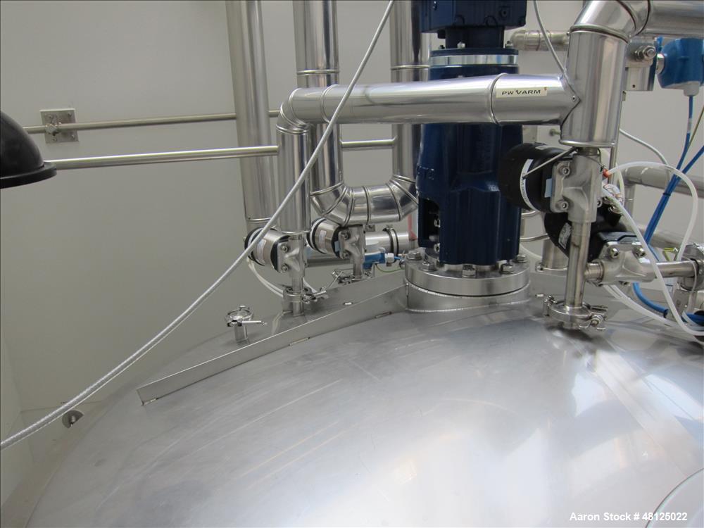 Used HM Rustfri Design jacketed tank,  Stainless steel, working capacity 568.78 gallon (2150 liter), Working jacket pressure 40.5 PSI (2.7 bar) at 32-194 deg. F (0-90 deg. C). Test Max 81-404 RPM Pro...