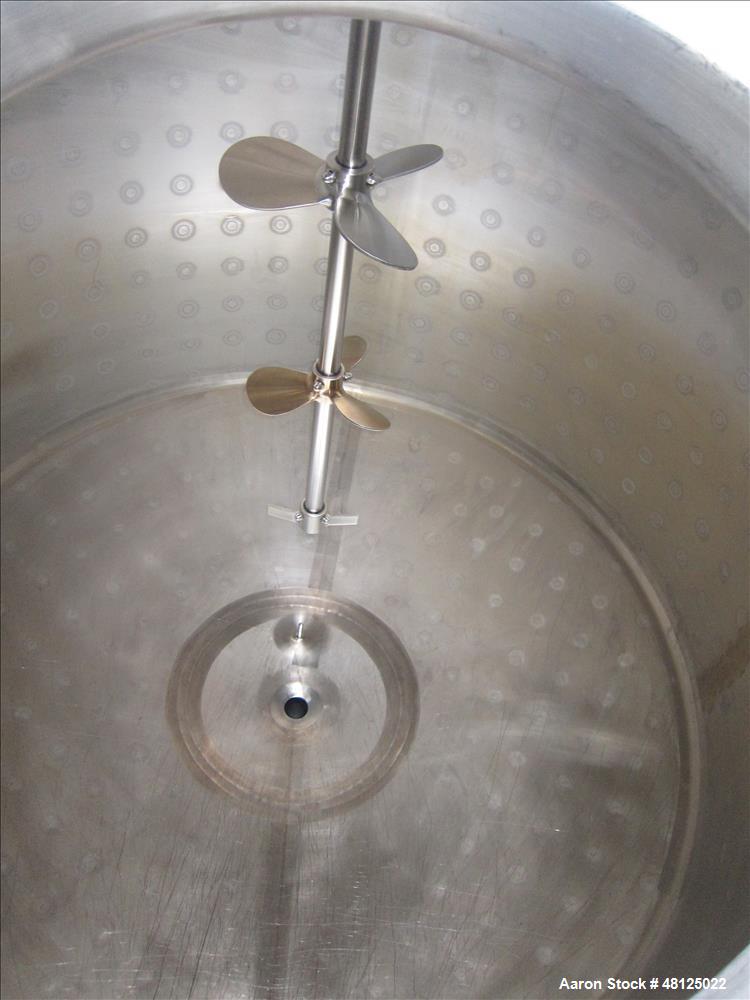 Used HM Rustfri Design jacketed tank,  Stainless steel, working capacity 568.78 gallon (2150 liter), Working jacket pressure 40.5 PSI (2.7 bar) at 32-194 deg. F (0-90 deg. C). Test Max 81-404 RPM Pro...