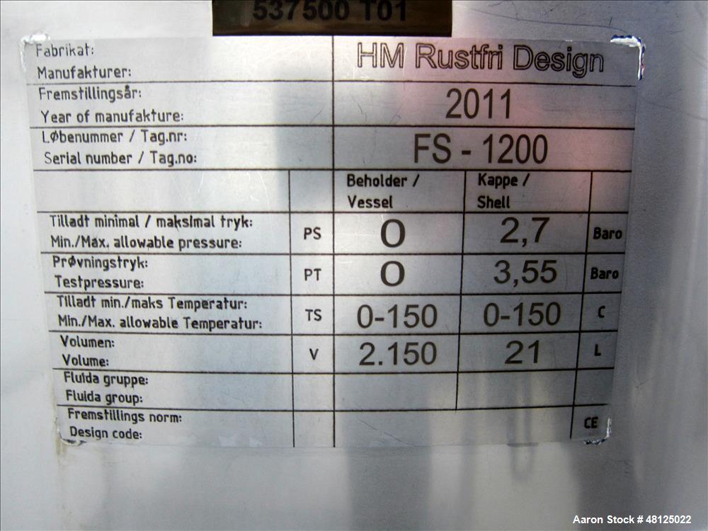 Used HM Rustfri Design jacketed tank,  Stainless steel, working capacity 568.78 gallon (2150 liter), Working jacket pressure 40.5 PSI (2.7 bar) at 32-194 deg. F (0-90 deg. C). Test Max 81-404 RPM Pro...