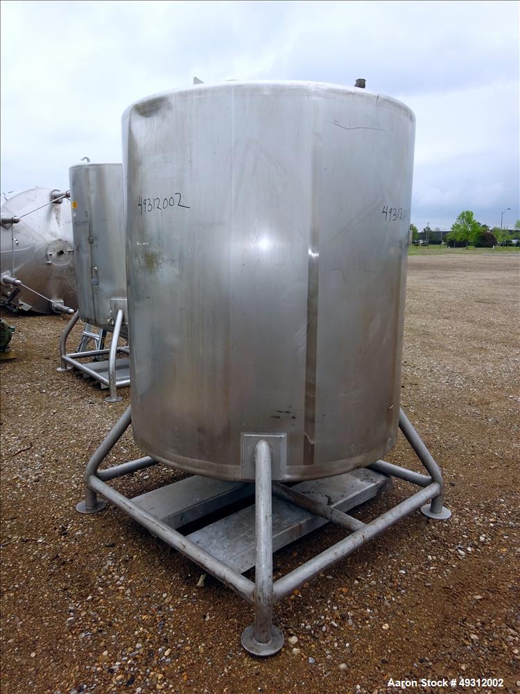 Used Tank, 500 Gallon, Stainless Steel, Vertical. Approximate 52" diameter x 54" straight side, flet top, coned bottom. Openings top 20" manway with cover, 4", side bottom 3", approximate 2" tangenti...