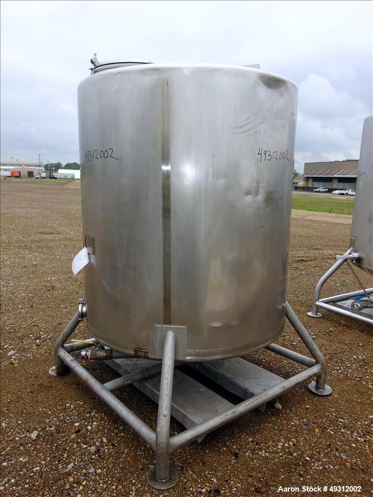 Used Tank, 500 Gallon, Stainless Steel, Vertical. Approximate 52" diameter x 54" straight side, flet top, coned bottom. Openings top 20" manway with cover, 4", side bottom 3", approximate 2" tangenti...