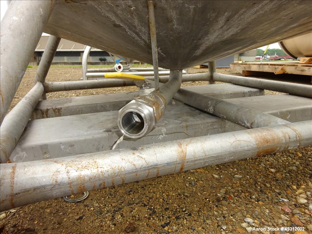 Used Tank, 500 Gallon, Stainless Steel, Vertical. Approximate 52" diameter x 54" straight side, flet top, coned bottom. Openings top 20" manway with cover, 4", side bottom 3", approximate 2" tangenti...