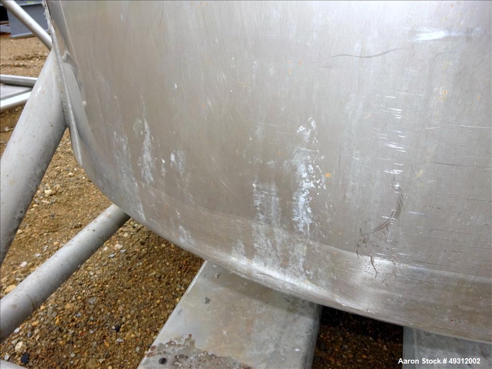 Used Tank, 500 Gallon, Stainless Steel, Vertical. Approximate 52" diameter x 54" straight side, flet top, coned bottom. Openings top 20" manway with cover, 4", side bottom 3", approximate 2" tangenti...