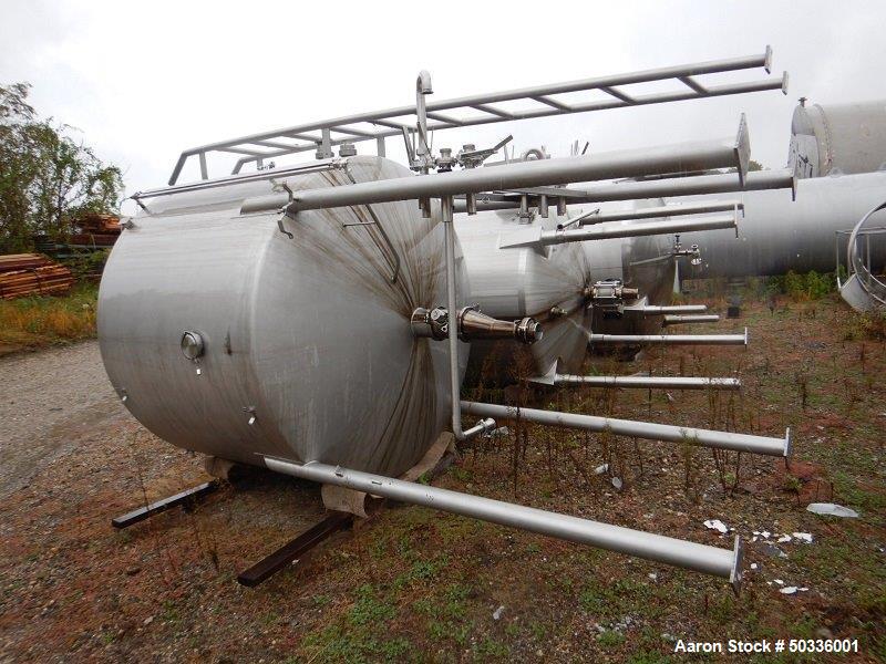 Used Tank, Approximately 845 Gallon, Stainless Steel, Vertical. Approximately 72" diameter x 48" straight side, dish top and bottom. Polished internal. Top, center manway. Center bottom outlet. Mount...