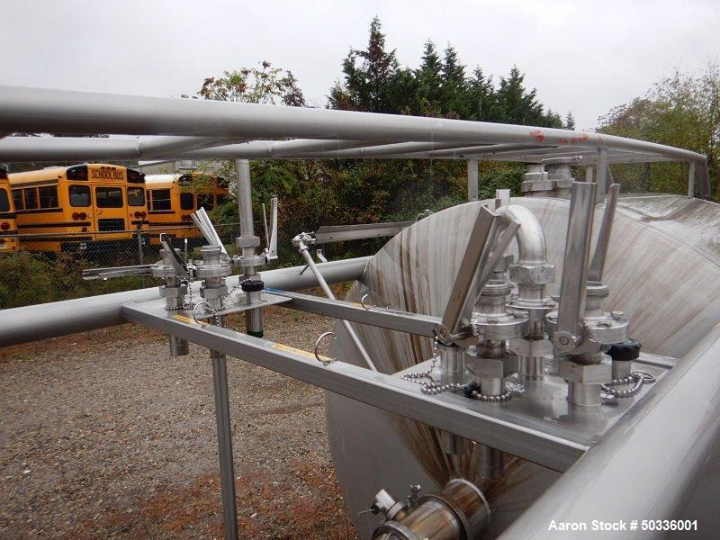 Used Tank, Approximately 845 Gallon, Stainless Steel, Vertical. Approximately 72" diameter x 48" straight side, dish top and bottom. Polished internal. Top, center manway. Center bottom outlet. Mount...