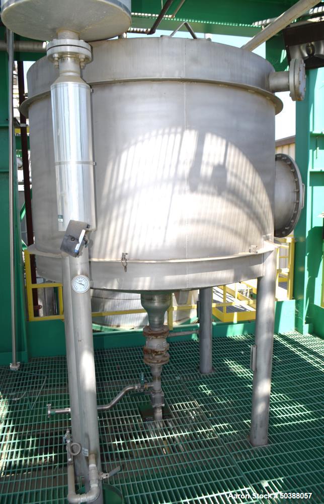 Used Tank, Approximate 500 Gallon, Stainless Steel, Vertical. Approximate 60” diameter x 48” straight side, coned top and bottom. Side man way, center bottom outlet. Mounted on (4) stainless steel le...