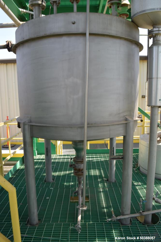 Used Tank, Approximate 500 Gallon, Stainless Steel, Vertical. Approximate 60” diameter x 48” straight side, coned top and bottom. Side man way, center bottom outlet. Mounted on (4) stainless steel le...