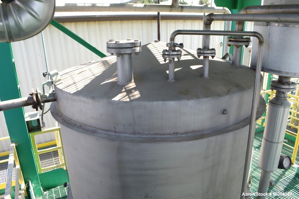Used Tank, Approximate 500 Gallon, Stainless Steel, Vertical. Approximate 60” diameter x 48” straight side, coned top and bottom. Side man way, center bottom outlet. Mounted on (4) stainless steel le...