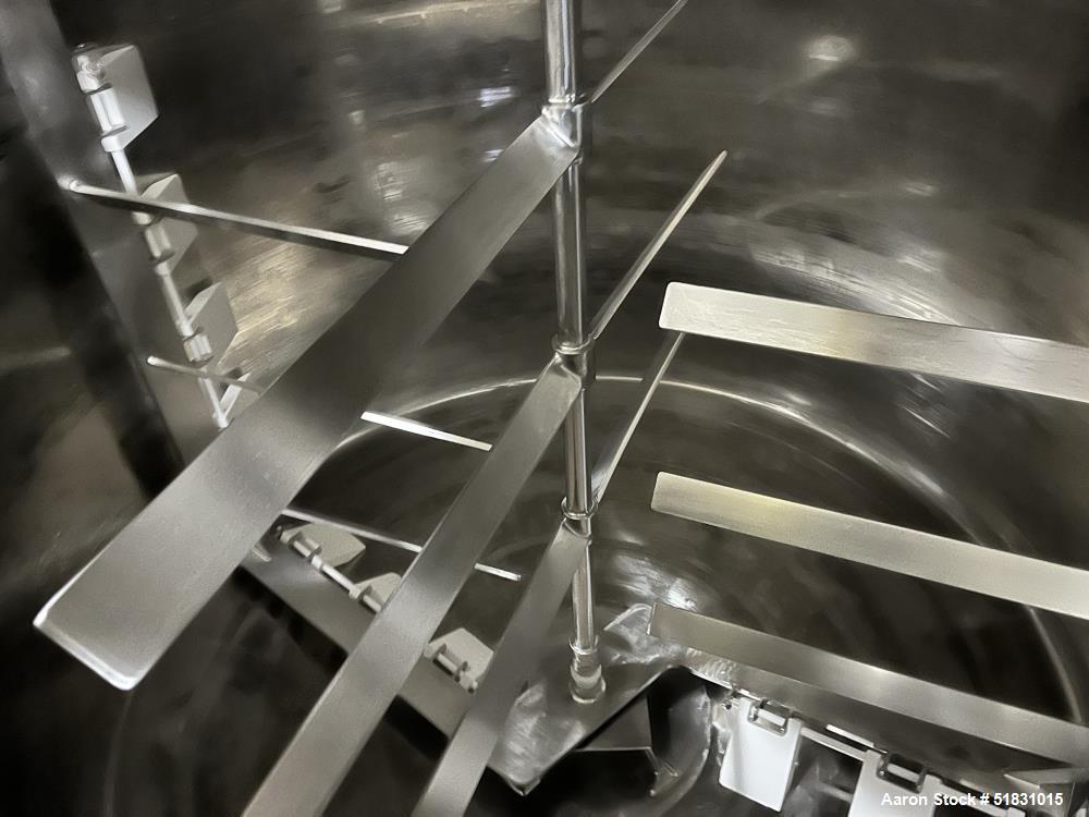 Used Crepaco approximately 500 gallon stainless steel jacketed tank. Has counter rotating agitiaon. Jacket rated to 75 psi/ Seerial number B.1556.  Mounted on Casters.
