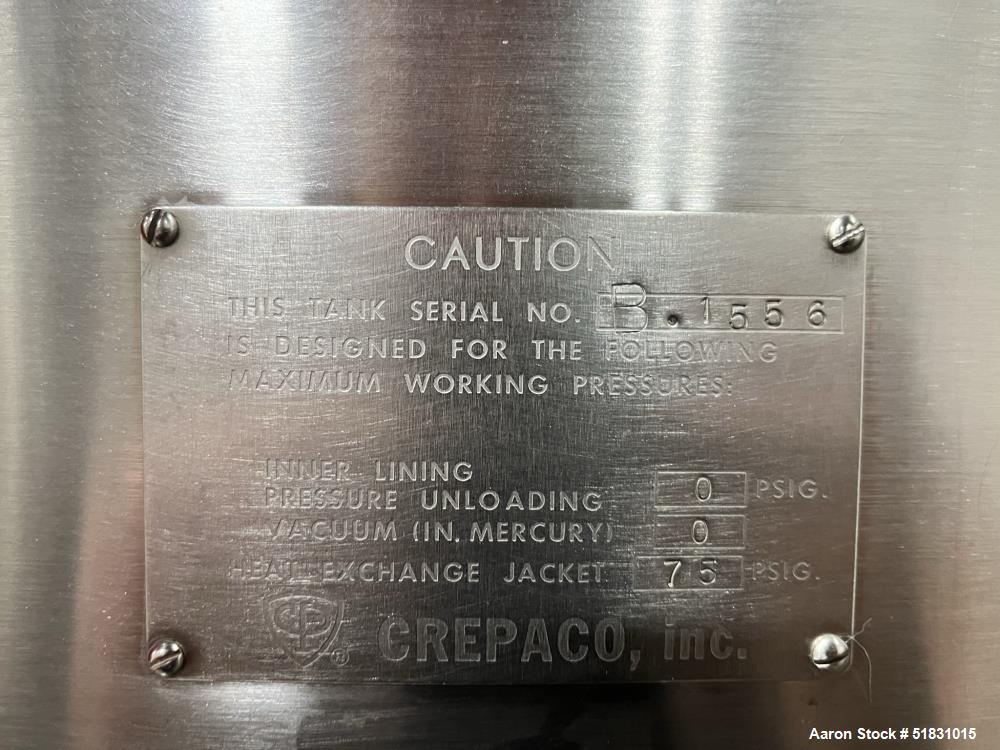 Used Crepaco approximately 500 gallon stainless steel jacketed tank. Has counter rotating agitiaon. Jacket rated to 75 psi/ Seerial number B.1556.  Mounted on Casters.