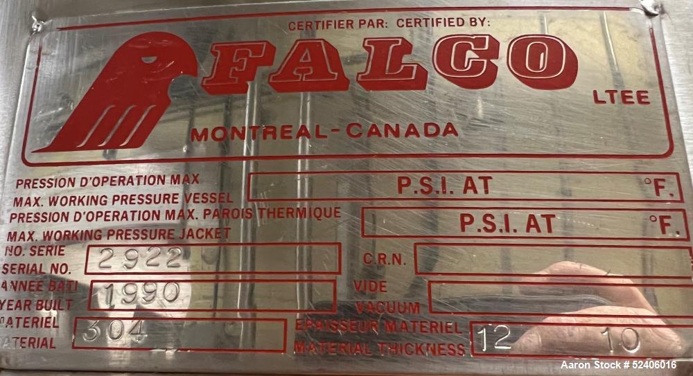 Used Falco Balance Jacketed Tank, Approximate 750 Gallon, 304 Stainless Steel, V