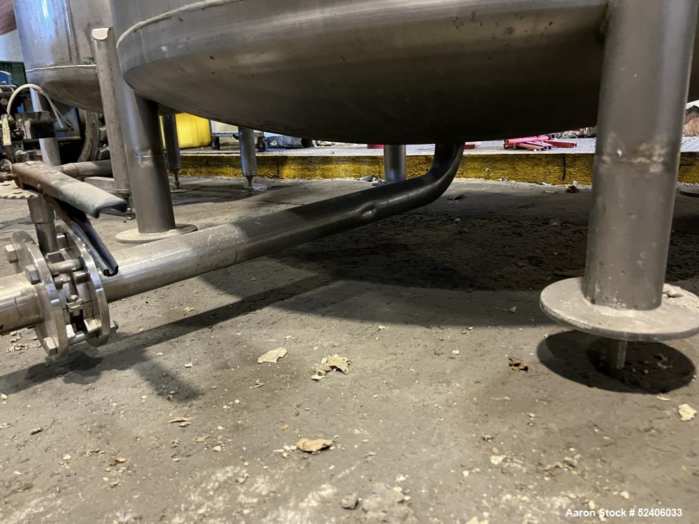 Used Tank, Approximate 950 Gallon, Stainless Steel, Vertical. Approximate 60" diameter x 72" straight side, dished top & bottom. Mounted on 4 stainless legs.