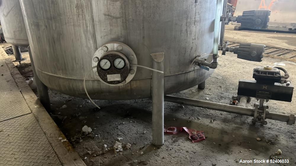 Used Tank, Approximate 950 Gallon, Stainless Steel, Vertical. Approximate 60" diameter x 72" straight side, dished top & bottom. Mounted on 4 stainless legs.