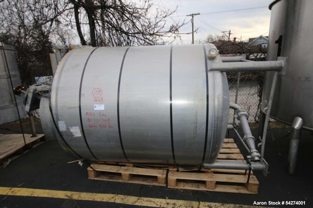 Used Aprox. 800 Gal. Dome Top, Dome Bottom S/S Tank, Single Wall, with(2) Vertical Agitator Shaft (Note: Drive Motor Not Included) & Lightnin Agitator, with Top Man Door, (4) 2" Ct Tope connection & ...