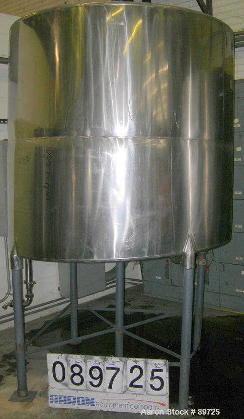 USED: Tank, 825 gallon, 304 stainless steel, vertical. 64" diameter x 60" straight side, flat top, sloped bottom. Side bottom 3 blade agitator, driven by a 1.5 hp, 3/60/230/460 volt, 1200 rpm motor. ...