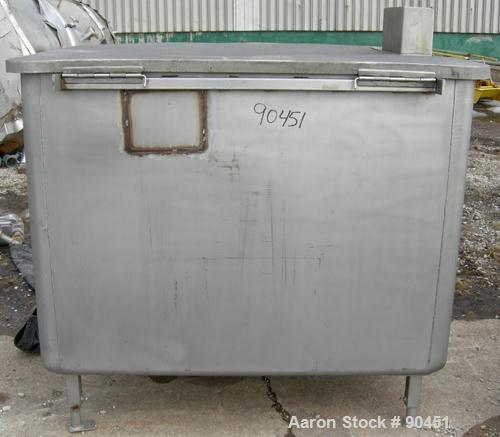 Used: Tank, 490 gallon, 304 stainless steel, rectangular. 42" wide x 60" long x 45" deep. Open top with a 1 piece hinged cover, flat bottom. 2" tri calmp end bottom oulet. Mounted on 4 stainless stee...