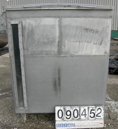 Used: Tank, 730 gallon, 304 stainless steel, rectangular. 42" wide x 60" long x 67" deep. Open top with a 1 piece hinged cover, flat bottom. 10" x 10" side opening,2" tri calmp end bottom oulet. Moun...
