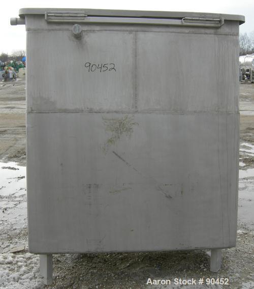 Used: Tank, 730 gallon, 304 stainless steel, rectangular. 42" wide x 60" long x 67" deep. Open top with a 1 piece hinged cover, flat bottom. 10" x 10" side opening,2" tri calmp end bottom oulet. Moun...