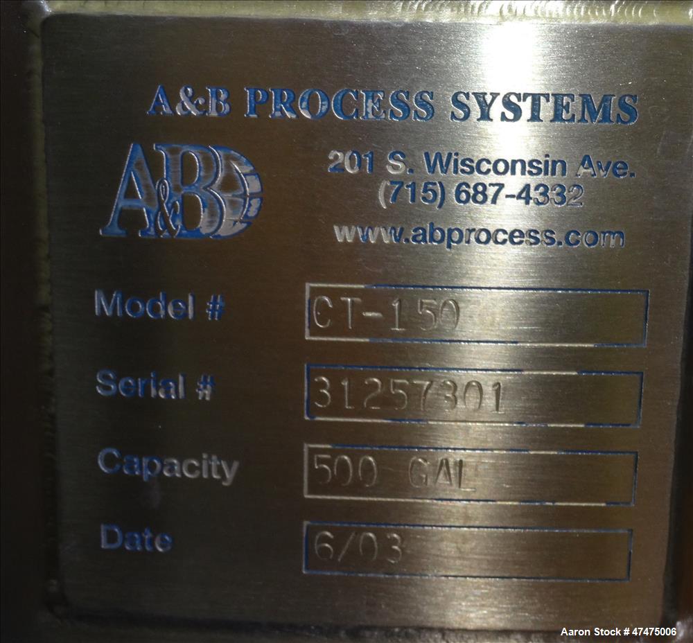 Used AB Process Tank, Model CT-150, 500 Gallon, 304 Stainless Steel, Vertical.