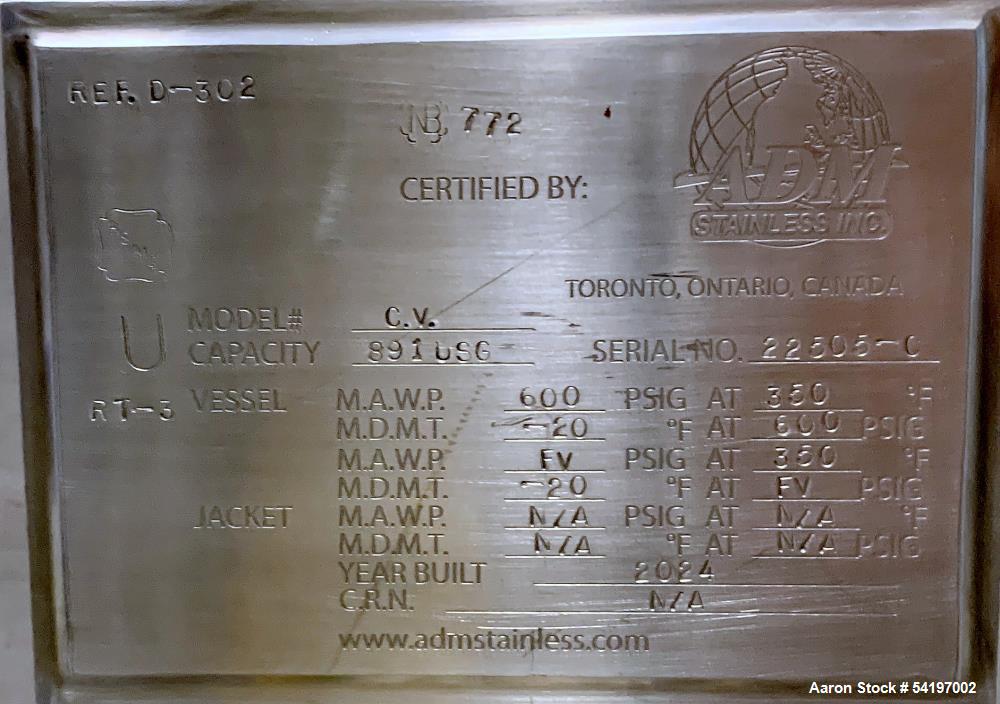 Unused ADM Stainless, Type 48" OD C-110 Separator, Model C.V.  891 gallon, approximately 48" diameter x 103" straight side.  Vertical, 304 stainless steel.  600/FV PSIG at -20 to  350 degreesF. Seria...