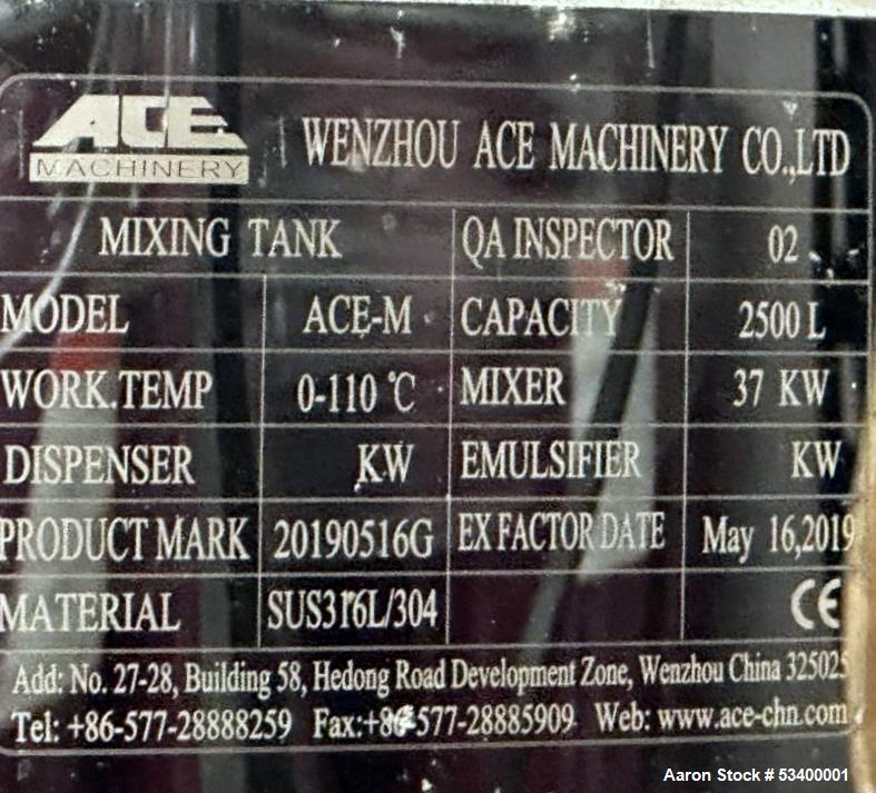 Used- ACE Stainless Steel Jacketed Mix Tank, Model ACE-M. 2500 L (660 gallon) capacity. 0-110 degree C (32-230 degree F) wor...