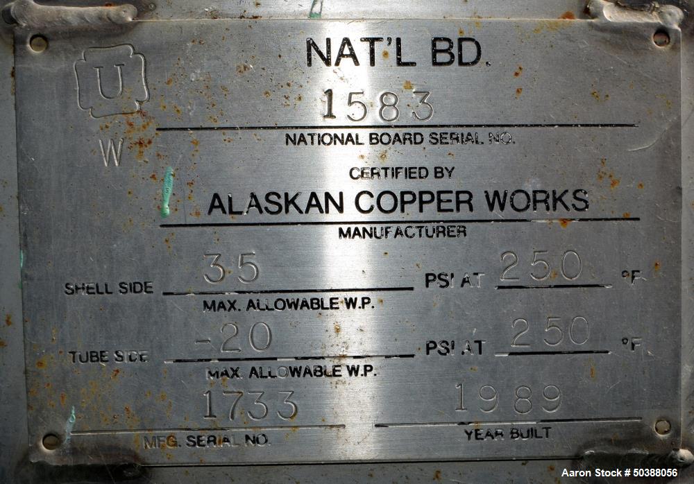 Used Alaskan Copper Works Pressure Tank, Approximate 500 Gallon, 316L Stainless Steel, Vertical. Approximate 42” diameter x 82” straight side, dished top and bottom. Internal rated 35 psi at -20 to 2...