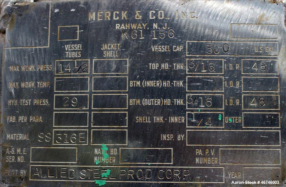 Used Merck & Co Inc Tank, Approximately 500 Gallon, 316 Stainless Steel, Vertic