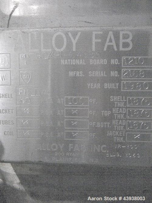 Used-Alloy Fab Inc, 500 gallon receiver tank.   Model P1-64985, 304 Stainless Steel.  Full Vacuum 60 psi at 100 degrees F.  ...