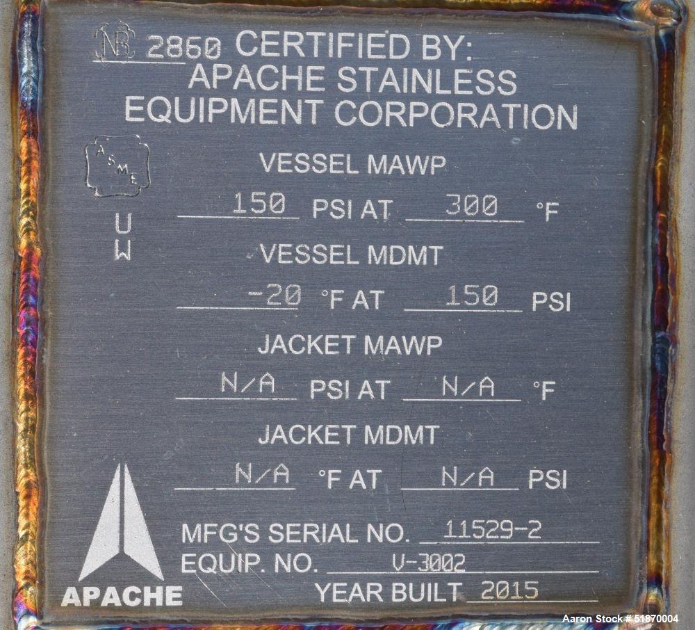 Unused- Apache Stainless Pressure Tank, 700 Gallon, 316L Stainless Steel, Vertical. 48" Diameter x 72" straight side, 2:1 elliptical top & bottom. Internal rated 150 psi at -20 to 300 degrees F. Open...