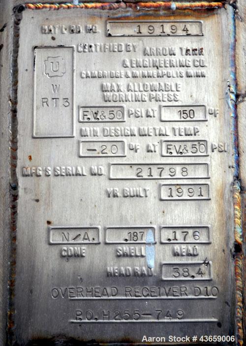 Used Arrow Tank & Engineering Pressure Tank, 570 Gallons, 304L Stainless Steel, Vertical. Approximate 48” diameter x 68” straight side, dished top and bottom. Internal rated Full Vacuum & 50psi at -2...