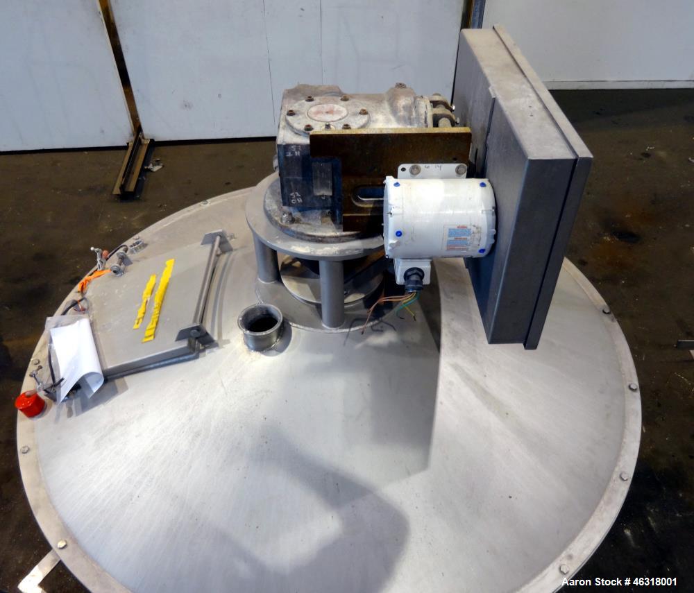 Used Blentech Tank, Model Tank 850-A, Approximately 650 Gallons, 304 Stainless Steel, Vertical. 72" Diameter x 34" straight side. Bolt on coned top, coned bottom. Agitated with flat bar style agitato...