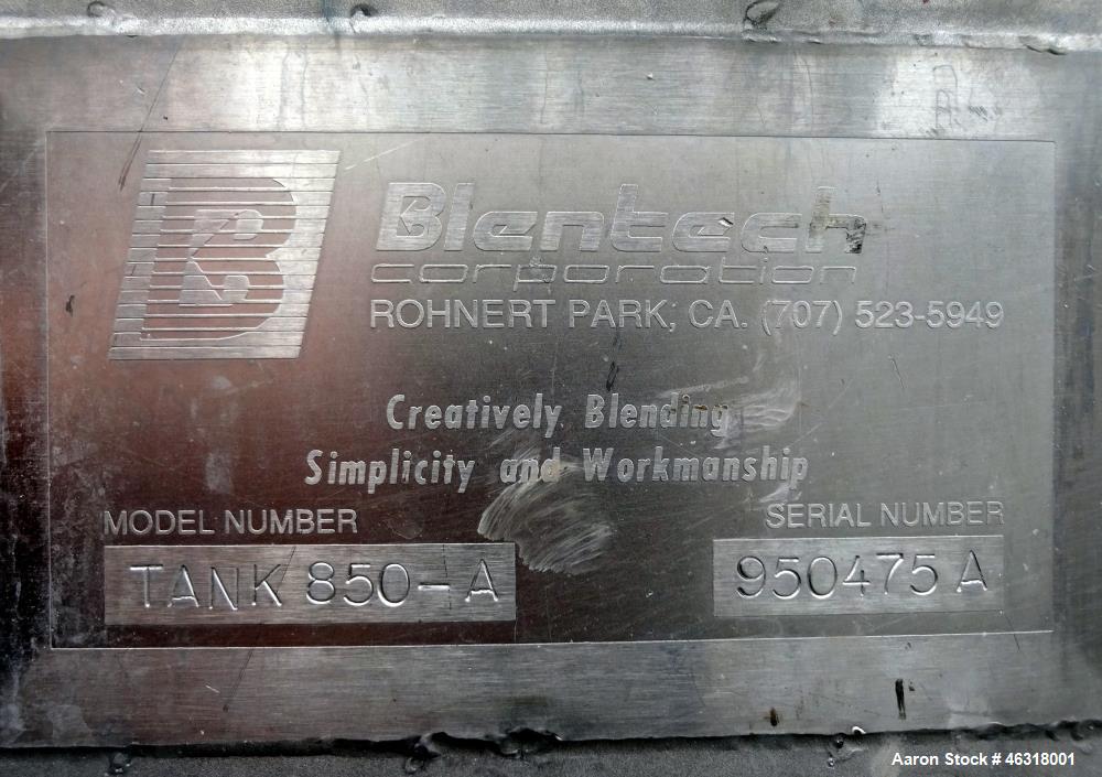 Used Blentech Tank, Model Tank 850-A, Approximately 650 Gallons, 304 Stainless Steel, Vertical. 72" Diameter x 34" straight side. Bolt on coned top, coned bottom. Agitated with flat bar style agitato...