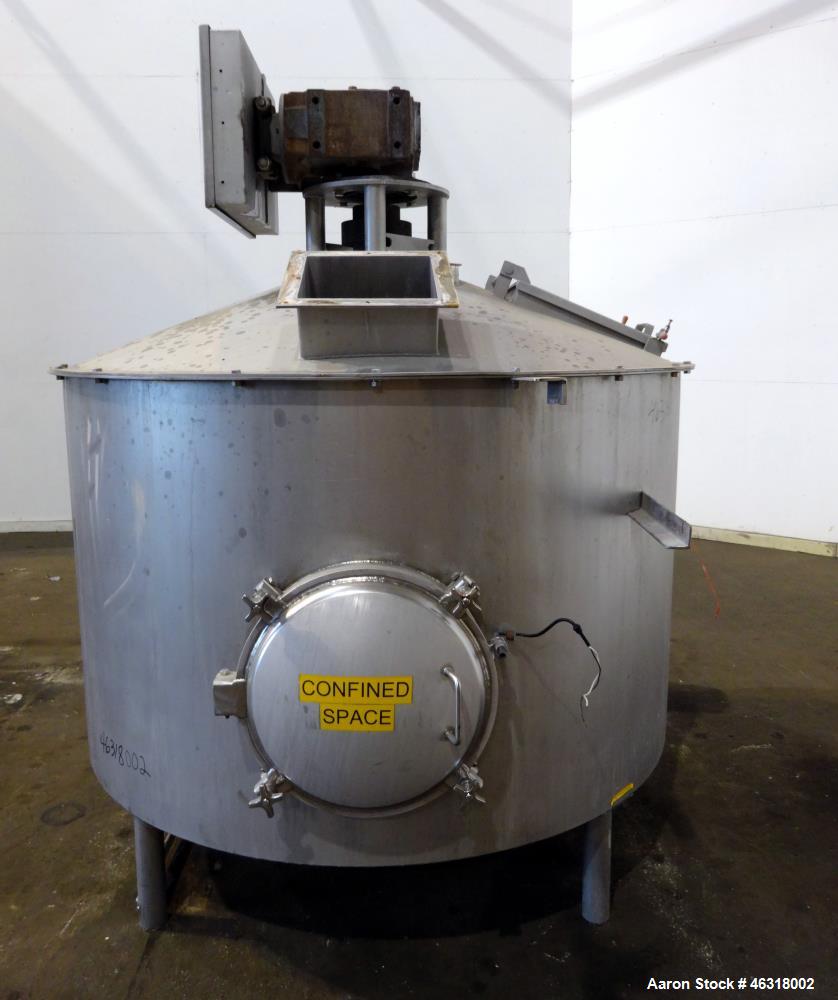 Used Blentech Tank, Model Tank 850-A, Approximately 650 Gallons, 304 Stainless Steel, Vertical. 72" Diameter x 34" straight side. Bolt on coned top, coned bottom. Agitated with flat bar style agitato...