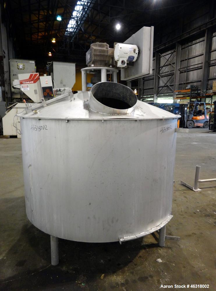 Used Blentech Tank, Model Tank 850-A, Approximately 650 Gallons, 304 Stainless Steel, Vertical. 72" Diameter x 34" straight side. Bolt on coned top, coned bottom. Agitated with flat bar style agitato...