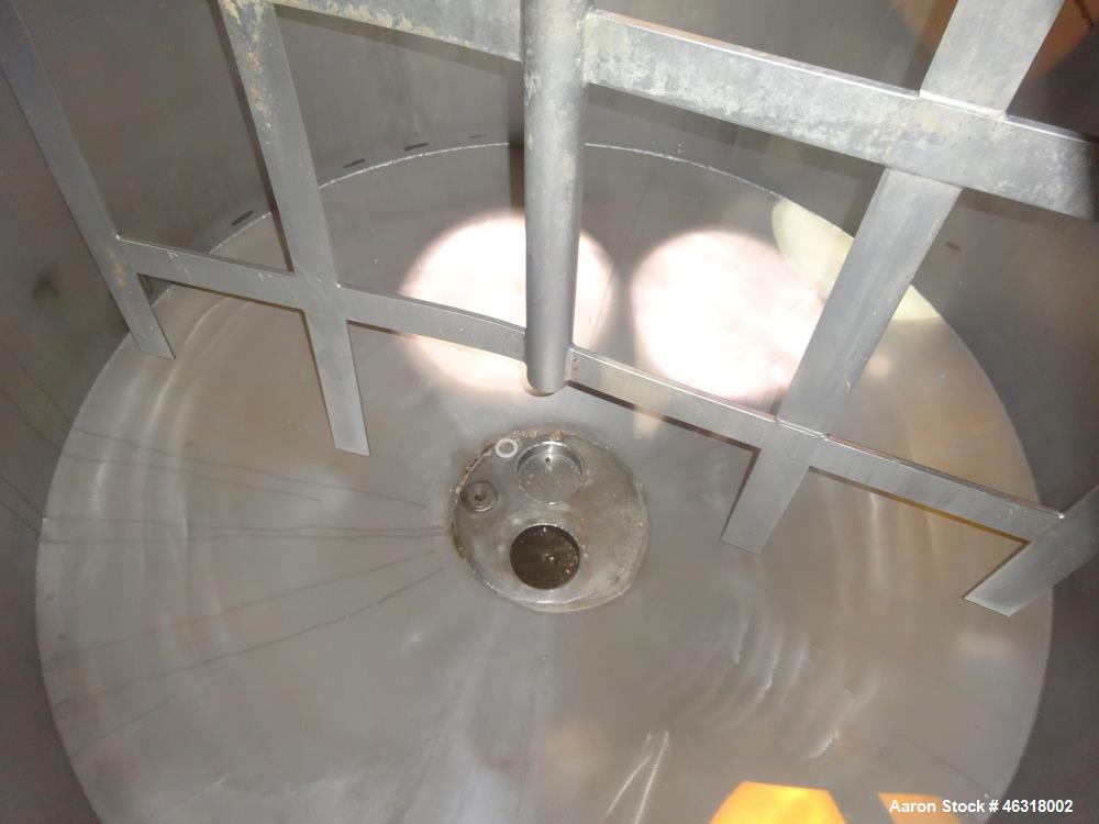 Used Blentech Tank, Model Tank 850-A, Approximately 650 Gallons, 304 Stainless Steel, Vertical. 72" Diameter x 34" straight side. Bolt on coned top, coned bottom. Agitated with flat bar style agitato...