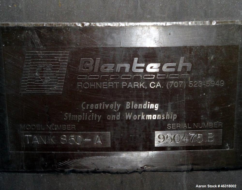 Used Blentech Tank, Model Tank 850-A, Approximately 650 Gallons, 304 Stainless Steel, Vertical. 72" Diameter x 34" straight side. Bolt on coned top, coned bottom. Agitated with flat bar style agitato...
