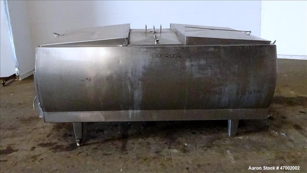 Used C.E. Howard Milk Tank, Model H-58, 800 Gallons, 304 Stainless Steel, Horizontal. U-shaped trough approximate 92-1/2" long x 60" wide x 38" deep. Bottom cooling coils (no cooler). (2) Top hinged ...