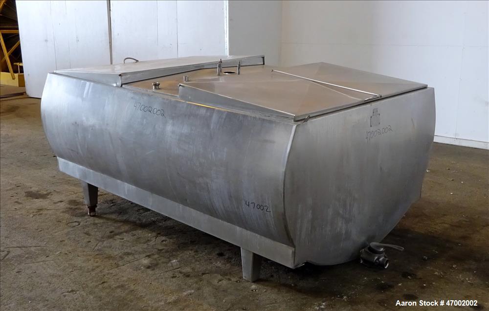 Used C.E. Howard Milk Tank, Model H-58, 800 Gallons, 304 Stainless Steel, Horizontal. U-shaped trough approximate 92-1/2" long x 60" wide x 38" deep. Bottom cooling coils (no cooler). (2) Top hinged ...