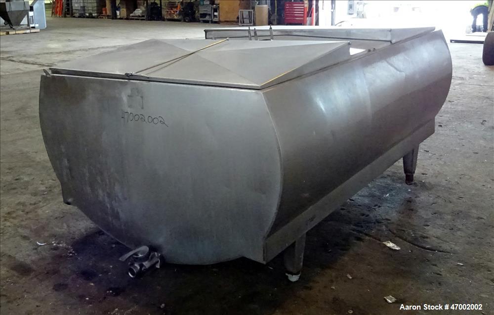 Used C.E. Howard Milk Tank, Model H-58, 800 Gallons, 304 Stainless Steel, Horizontal. U-shaped trough approximate 92-1/2" long x 60" wide x 38" deep. Bottom cooling coils (no cooler). (2) Top hinged ...